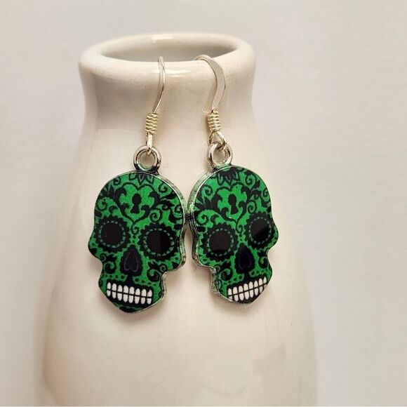 Sugar Skull Earrings on Sterling Silver French Earwires - Picture 1 of 7